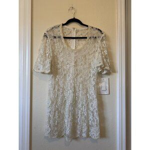 Vintage Ivory Lace Short-Sleeve Dress With Pearl Beaded Trim & Floral Embroidery